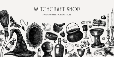 Sketch style witchcraft banner. Vinatge Halloween background. Hand-drawn vector illustration. Antique apothecary design. Witchcraft shop border. NOT AI generated